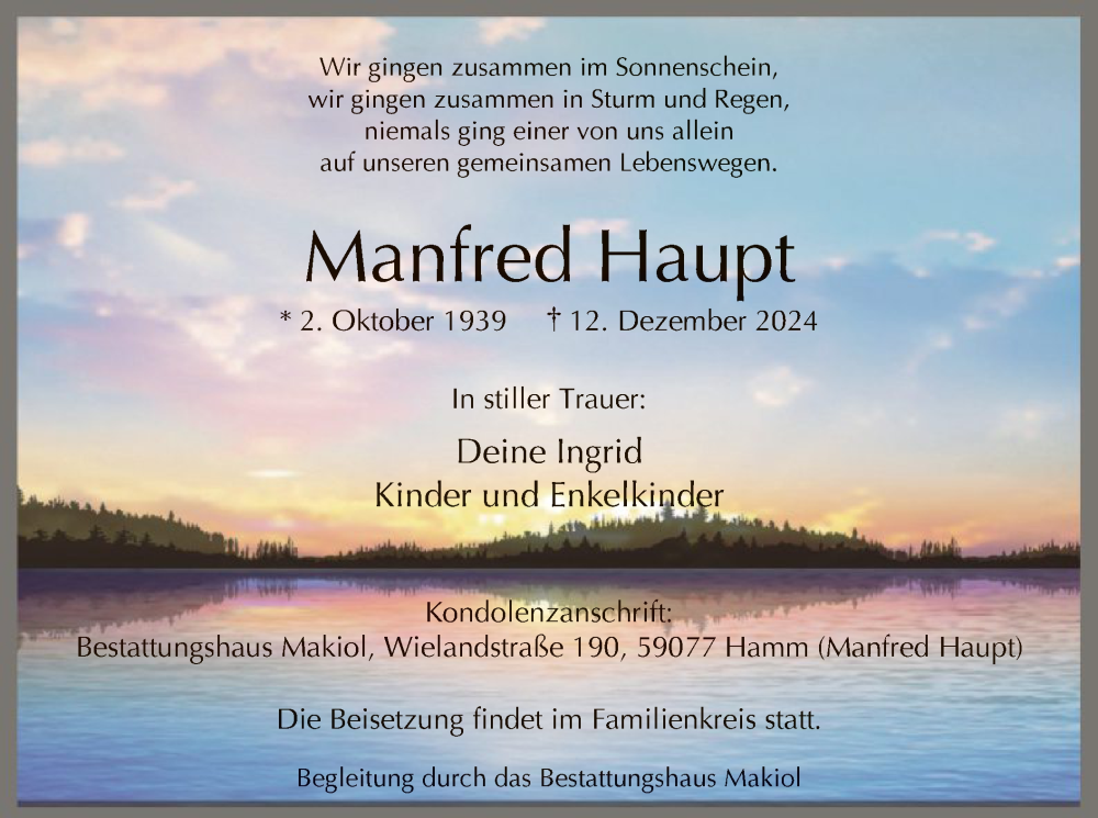  Traueranzeige für Manfred Haupt vom 28.12.2024 aus WA