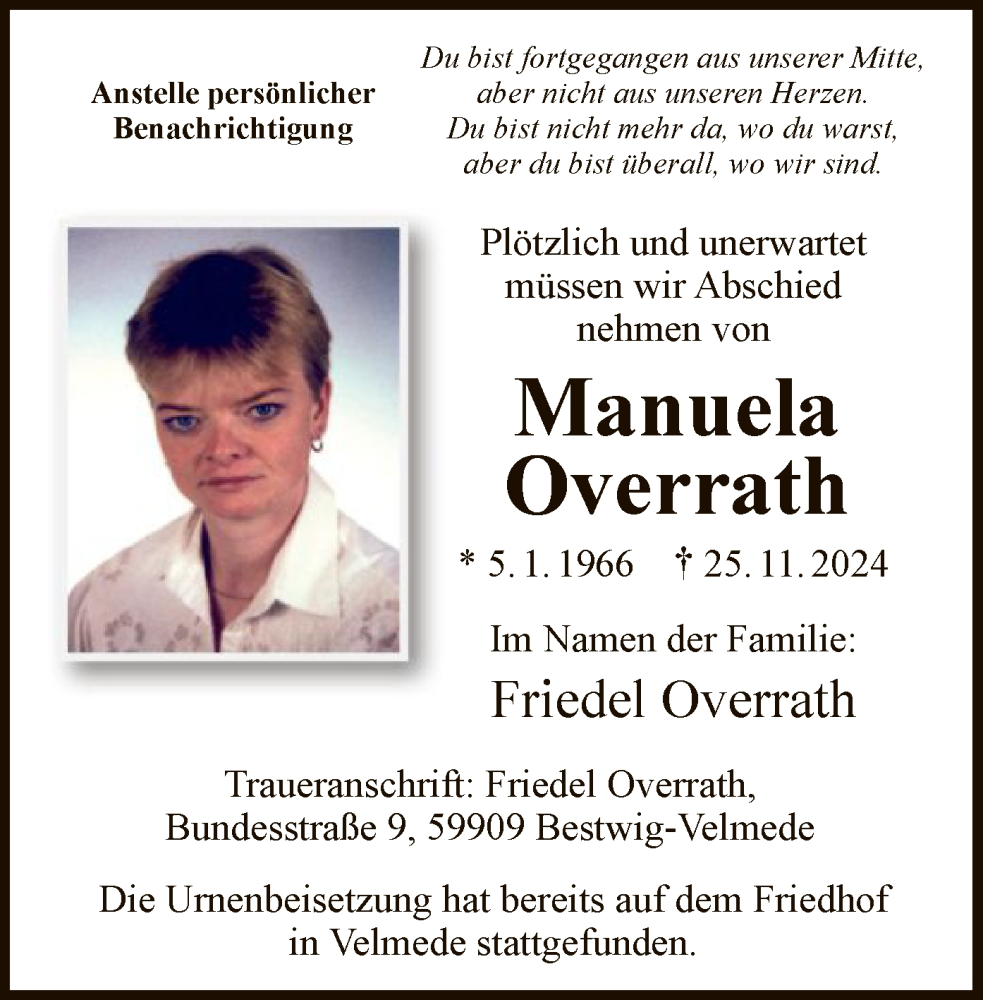  Traueranzeige für Manuela Overrath vom 21.12.2024 aus WA