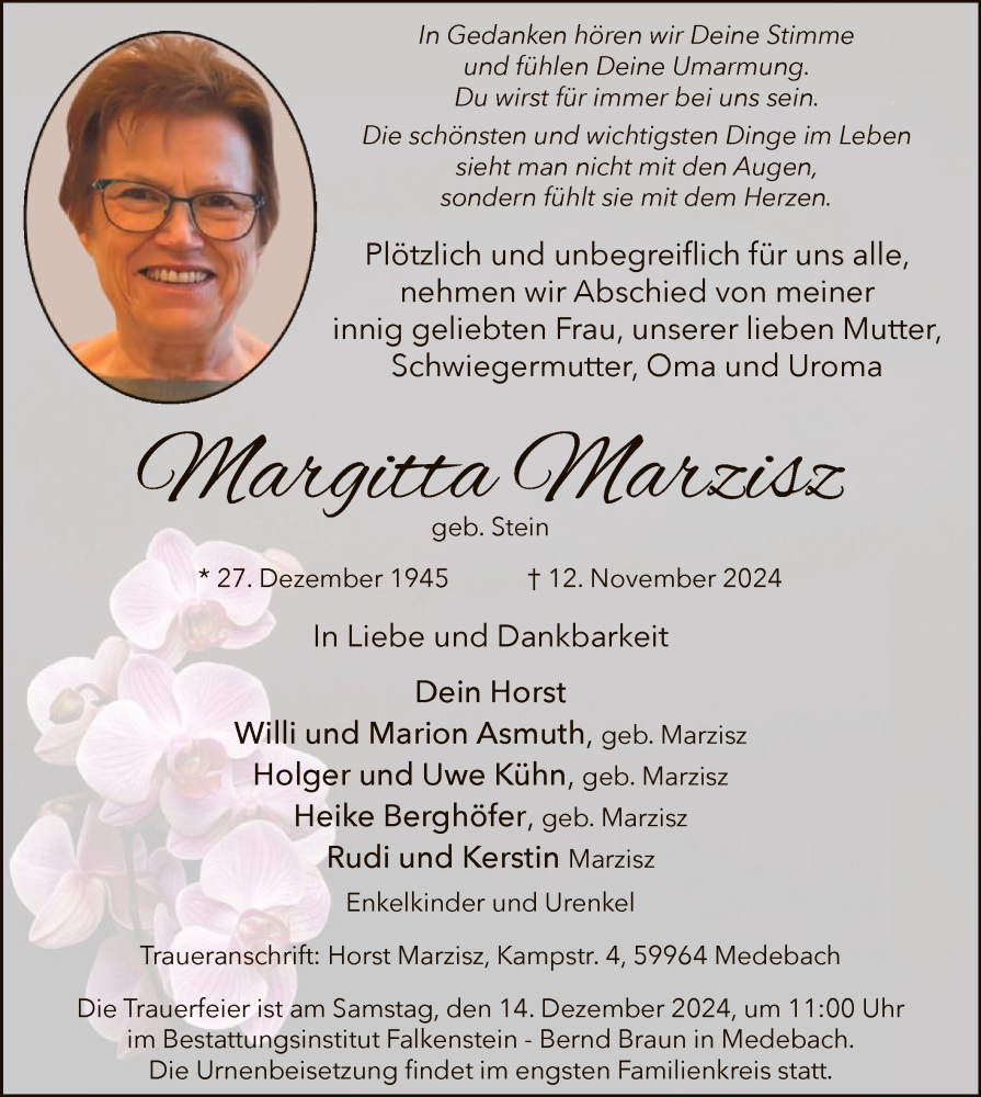  Traueranzeige für Margitta Marzisz vom 07.12.2024 aus WA
