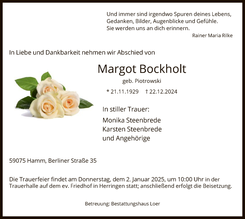  Traueranzeige für Margot Bockholt vom 28.12.2024 aus WA