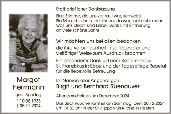 Traueranzeige von Margot Herrmann von WA