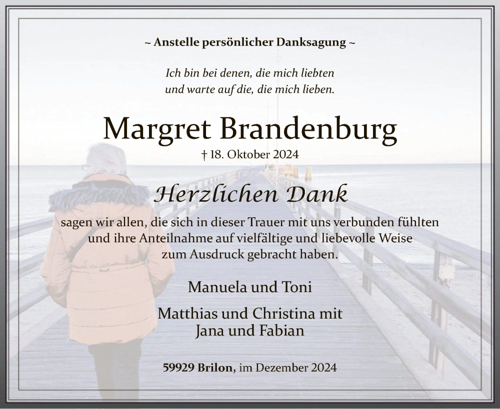  Traueranzeige für Margret Brandenburg vom 14.12.2024 aus WA