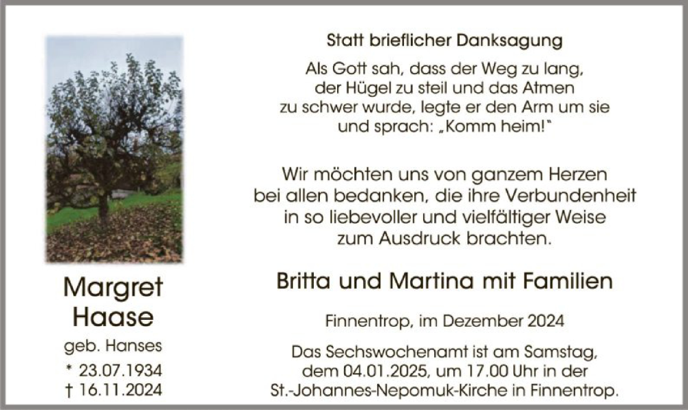  Traueranzeige für Margret Haase vom 28.12.2024 aus WA