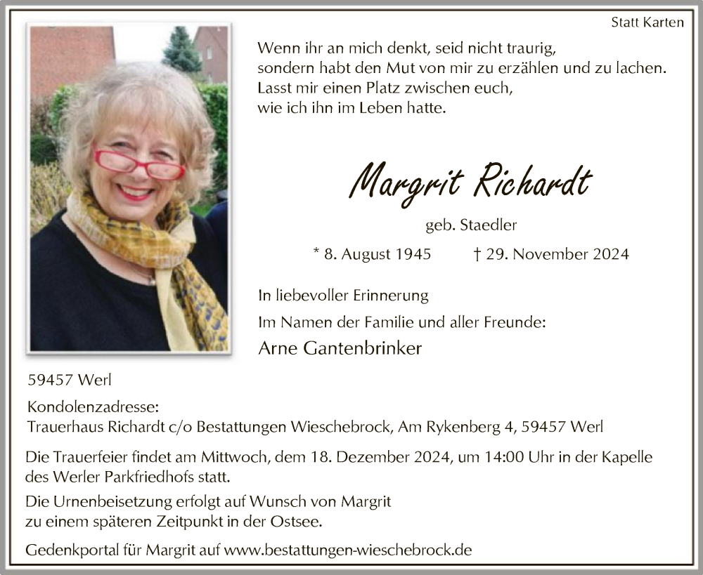  Traueranzeige für Margrit Richardt vom 07.12.2024 aus WA