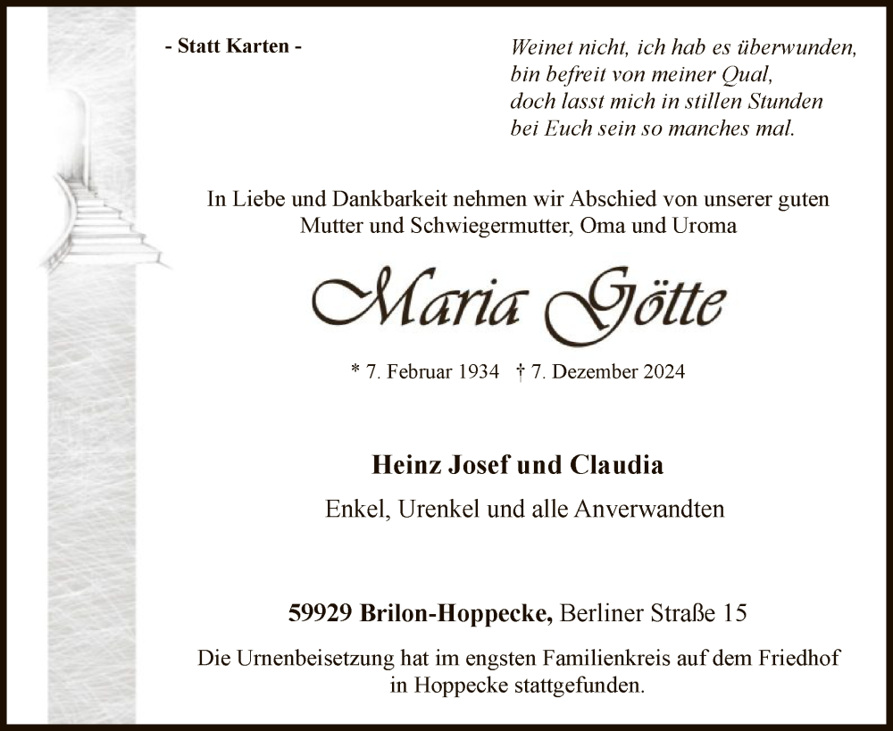  Traueranzeige für Maria Götte vom 21.12.2024 aus WA