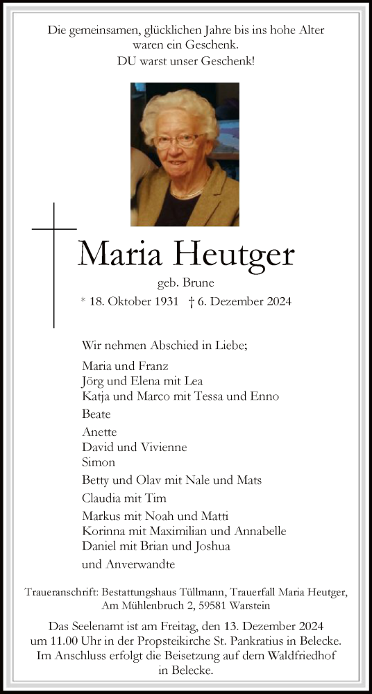  Traueranzeige für Maria Heutger vom 10.12.2024 aus WA