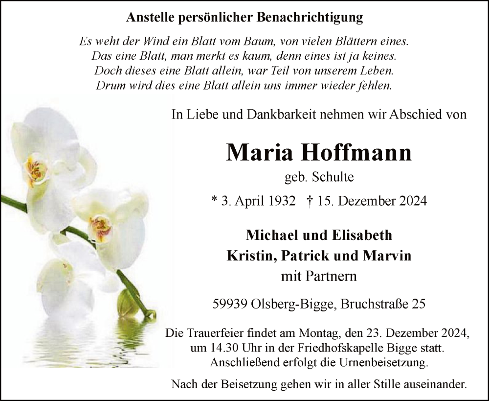  Traueranzeige für Maria Hoffmann vom 21.12.2024 aus WA