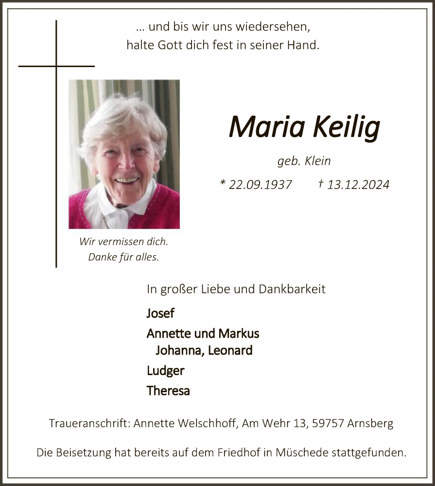  Traueranzeige für Maria Keilig vom 21.12.2024 aus WA