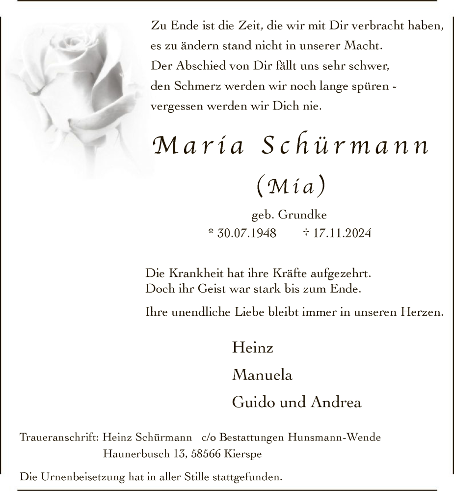  Traueranzeige für Maria Schürmann vom 21.12.2024 aus WA