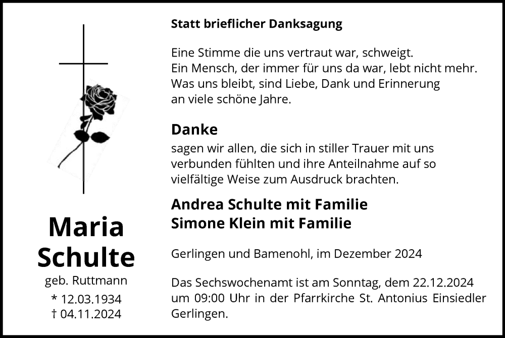  Traueranzeige für Maria Schulte vom 14.12.2024 aus WA