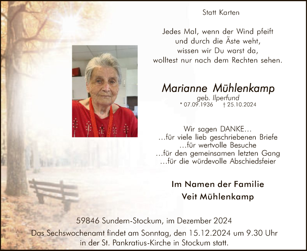  Traueranzeige für Marianne Mühlenkamp vom 07.12.2024 aus WA
