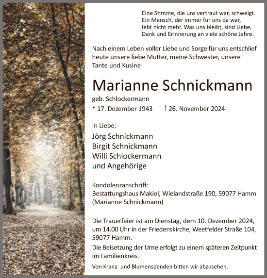 Traueranzeige von Marianne Schnickmann von WA