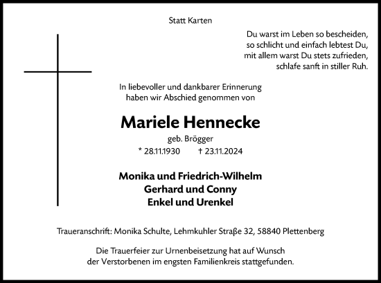 Traueranzeige von Mariele Hennecke von WA