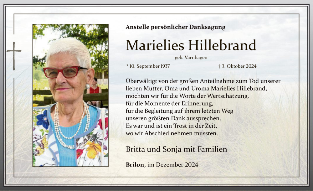  Traueranzeige für Marielies Hillebrand vom 07.12.2024 aus WA
