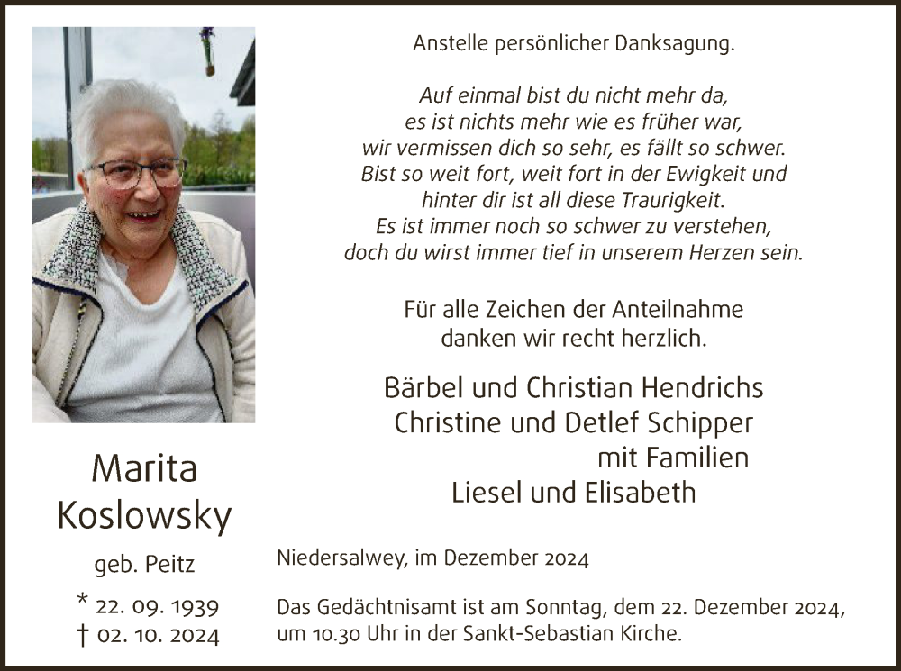  Traueranzeige für Marita Koslowsky vom 14.12.2024 aus WA
