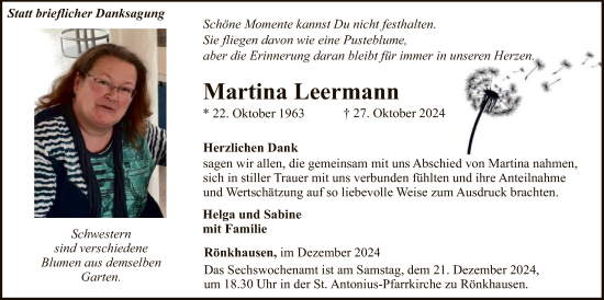 Traueranzeige von Martina Leermann von WA