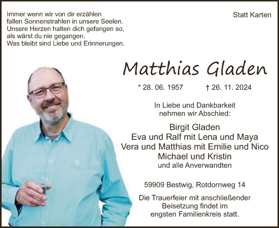 Traueranzeige von Matthias Gladen von WA