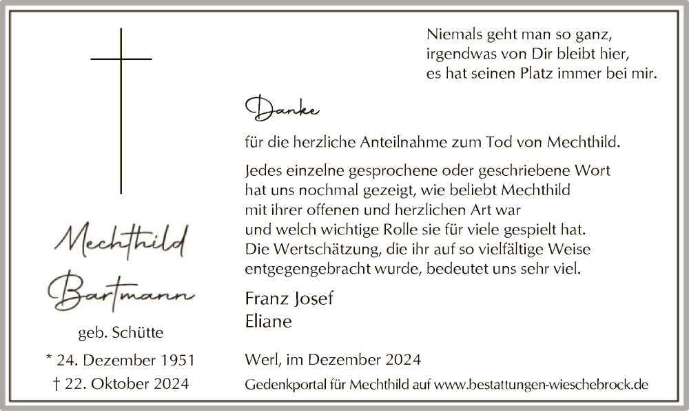  Traueranzeige für Mechthild Bartmann vom 21.12.2024 aus WA