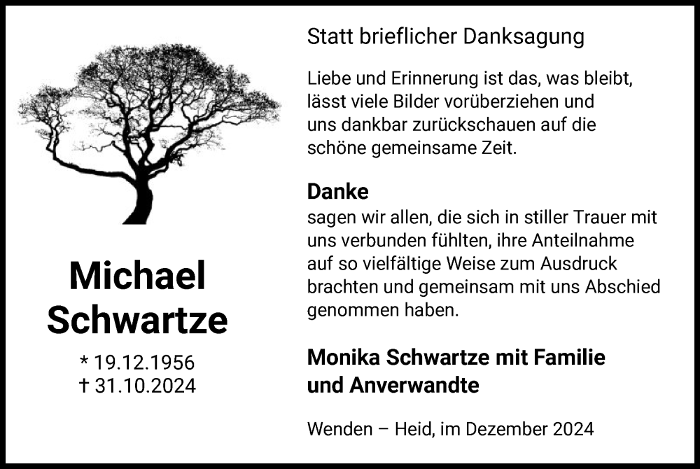  Traueranzeige für Michael Schwartze vom 14.12.2024 aus WA