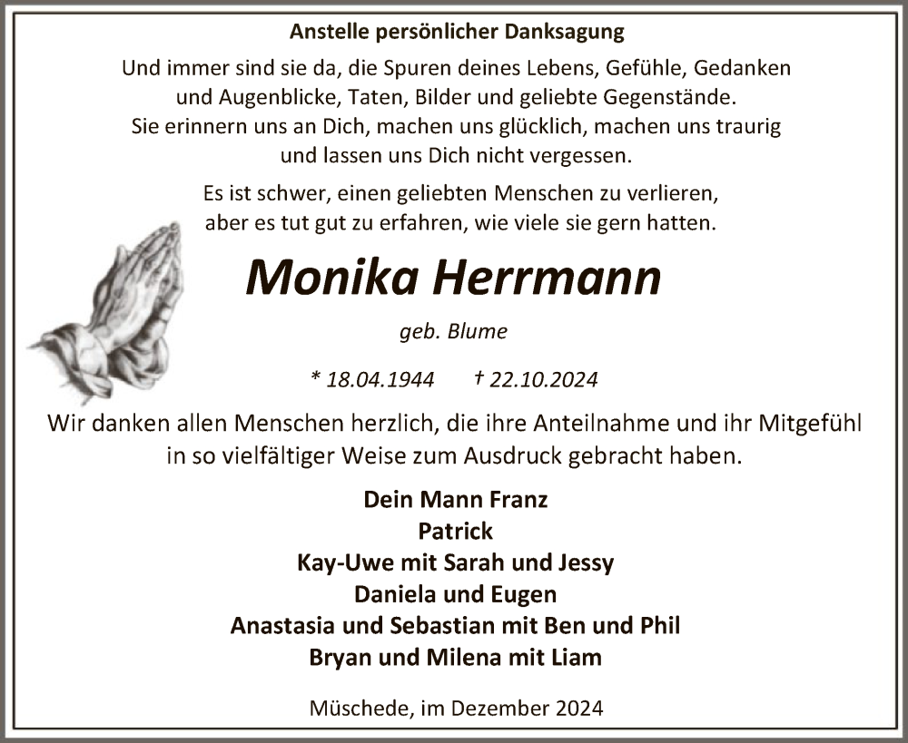  Traueranzeige für Monika Herrmann vom 14.12.2024 aus WA