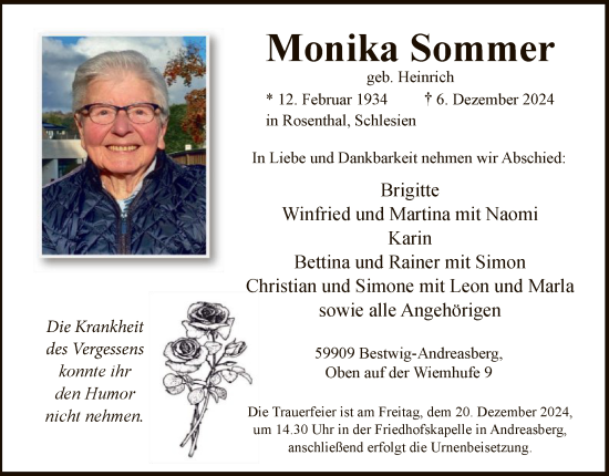 Traueranzeige von Monika Sommer von WA