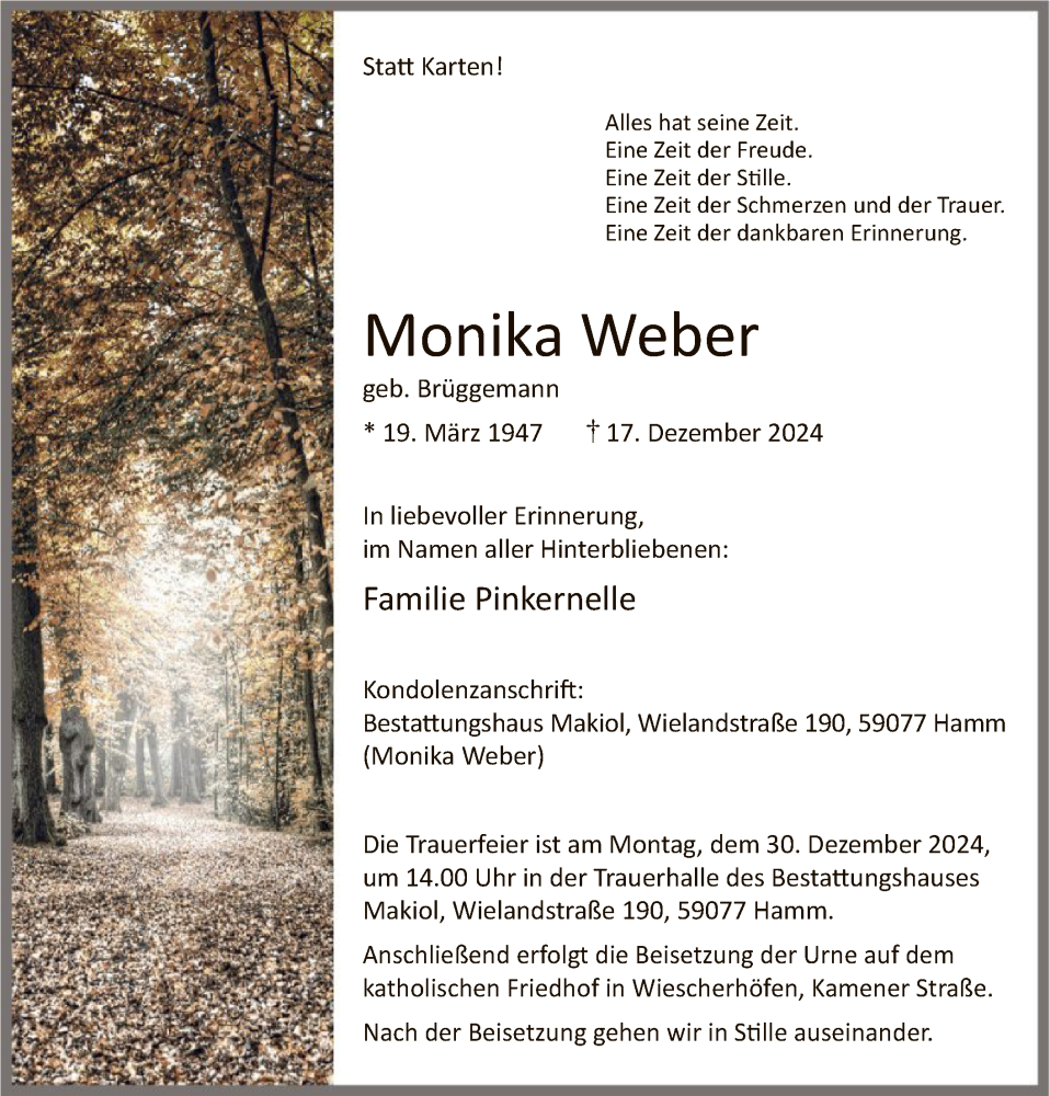  Traueranzeige für Monika Weber vom 21.12.2024 aus WA
