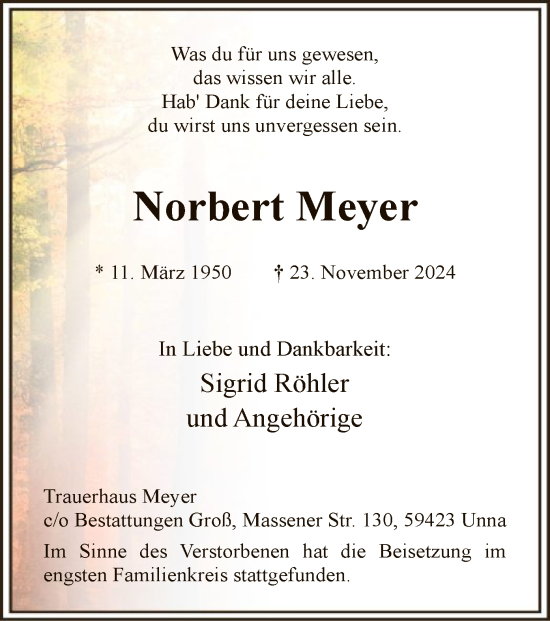 Traueranzeige von Norbert Meyer von WA