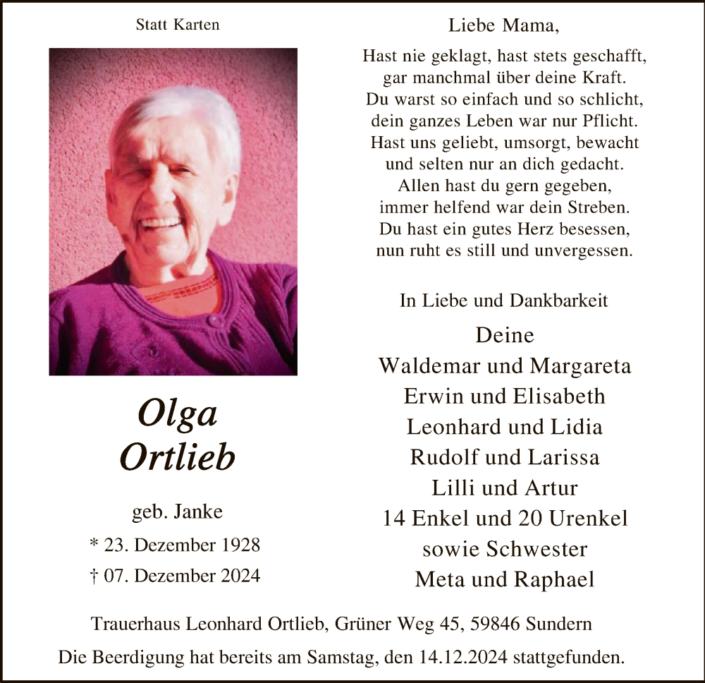  Traueranzeige für Olga Ortlieb vom 21.12.2024 aus WA