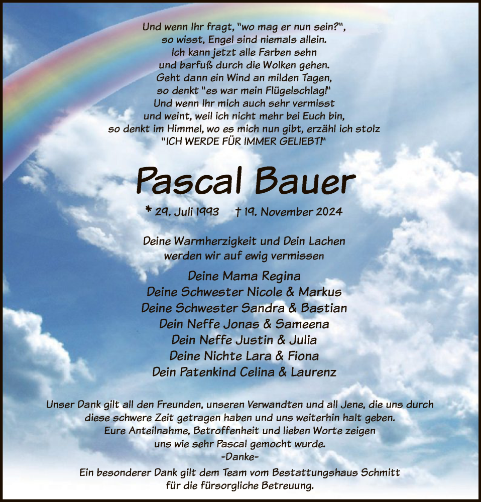  Traueranzeige für Pascal Bauer vom 07.12.2024 aus WA