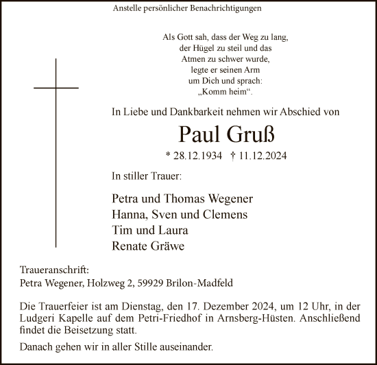 Traueranzeige von Paul Gruß von WA