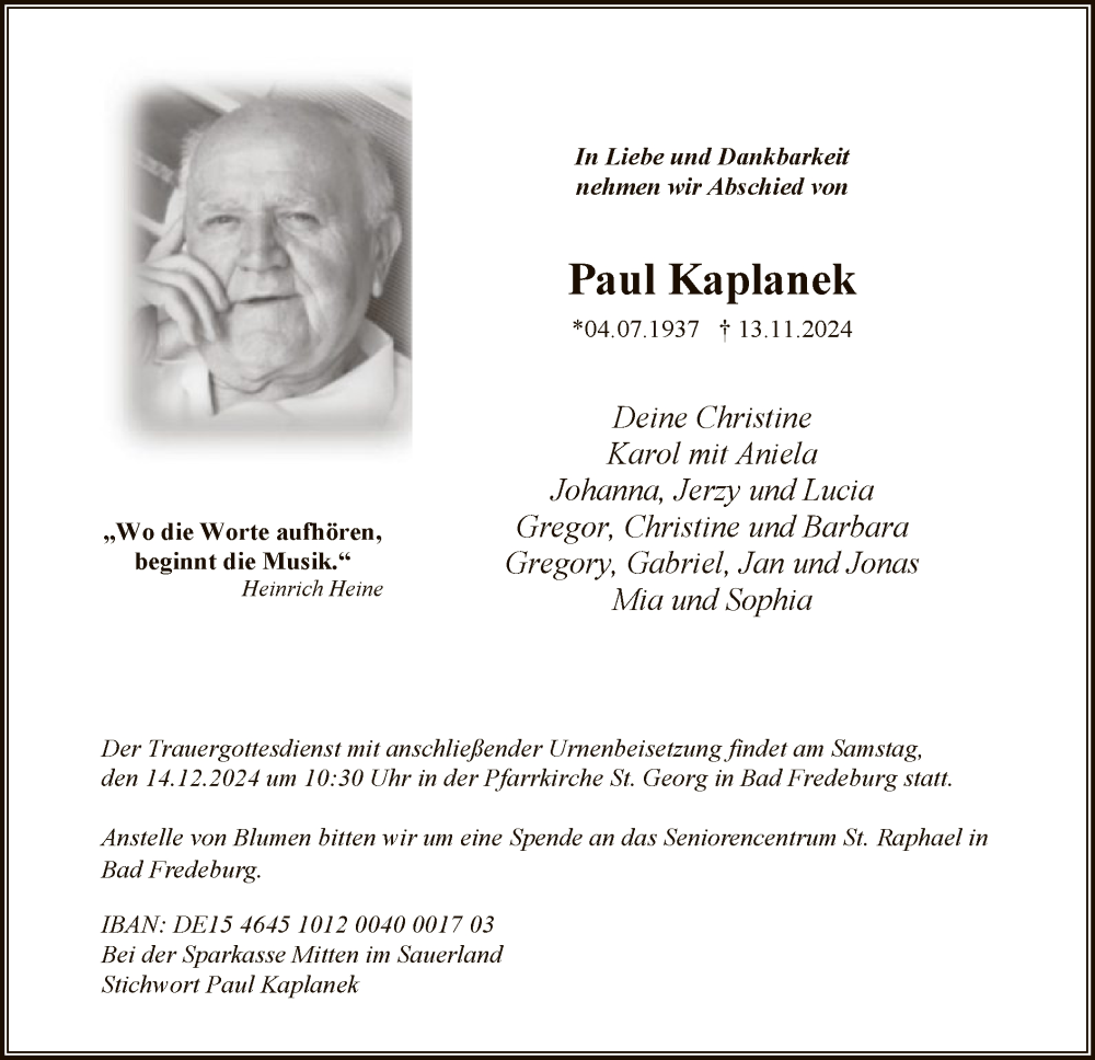 Traueranzeige für Paul Kaplanek vom 07.12.2024 aus WA