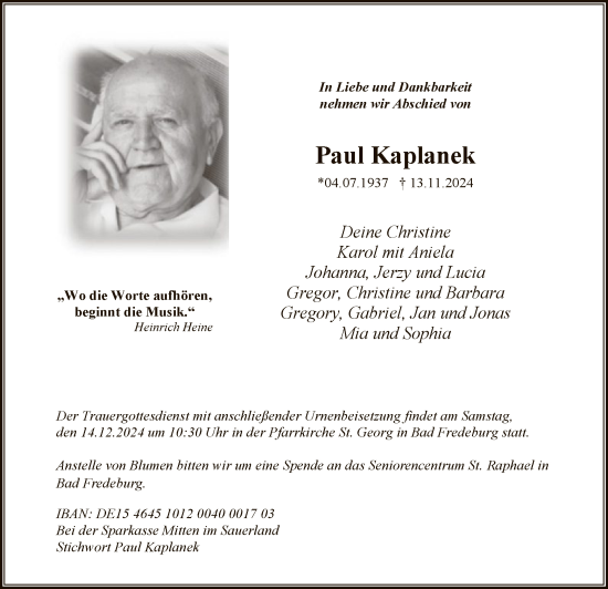 Traueranzeige von Paul Kaplanek von WA