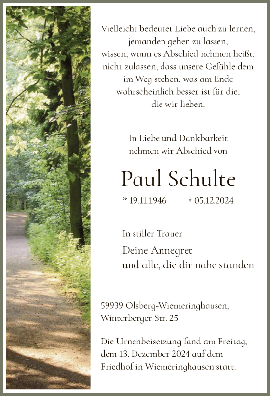 Traueranzeige von Paul Schulte von WA