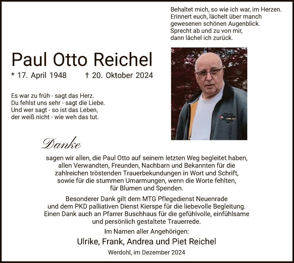  Traueranzeige für Paul Otto Reichel vom 14.12.2024 aus WA