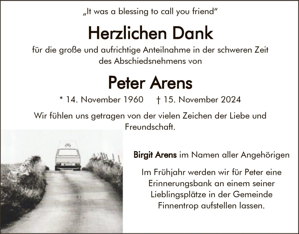  Traueranzeige für Peter Arens vom 28.12.2024 aus WA