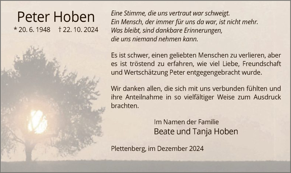  Traueranzeige für Peter Hoben vom 07.12.2024 aus WA