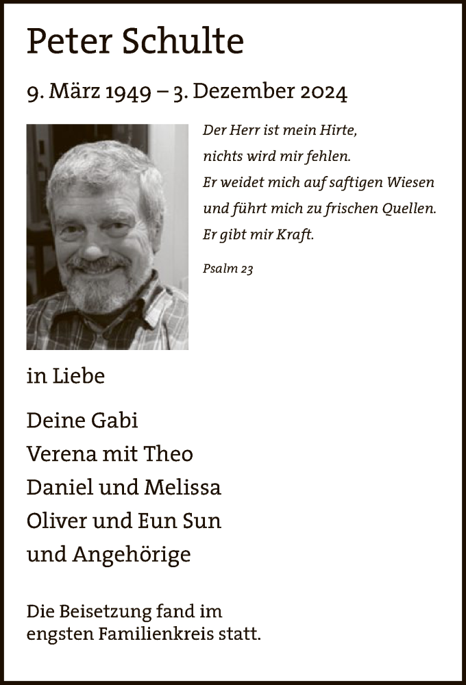  Traueranzeige für Peter Schulte vom 24.12.2024 aus WA
