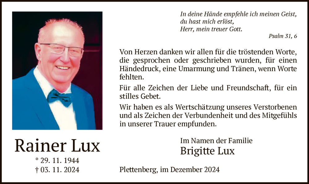  Traueranzeige für Rainer Lux vom 28.12.2024 aus WA