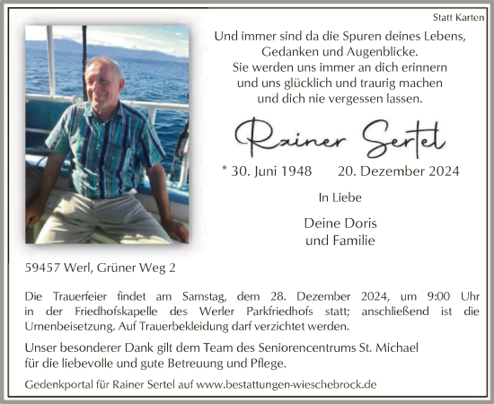 Traueranzeige von Rainer Sertel von WA