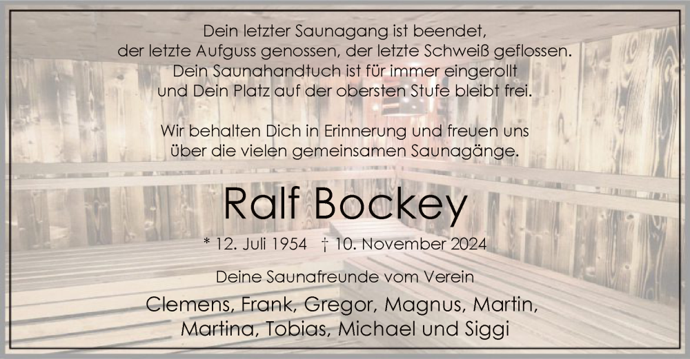  Traueranzeige für Ralf Bockey vom 07.12.2024 aus WA