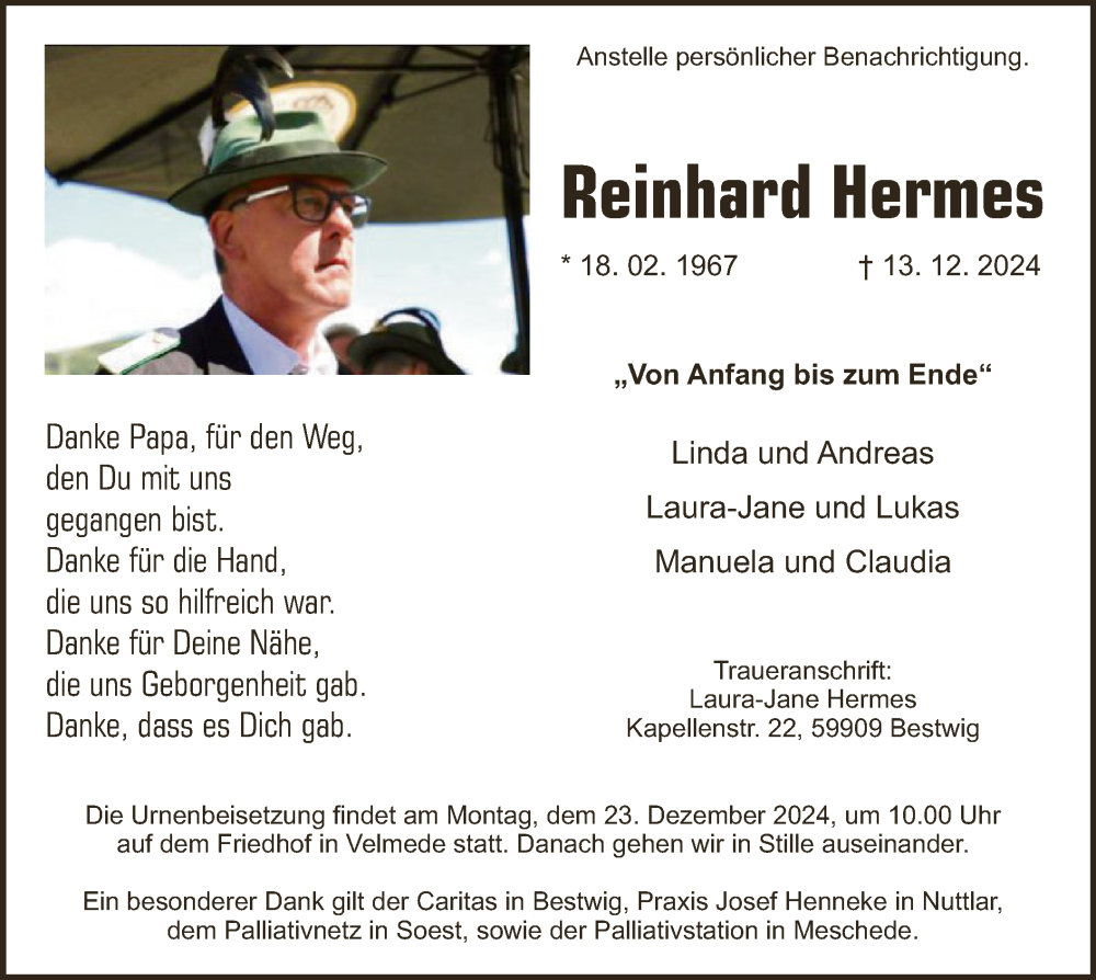  Traueranzeige für Reinhard Hermes vom 21.12.2024 aus WA