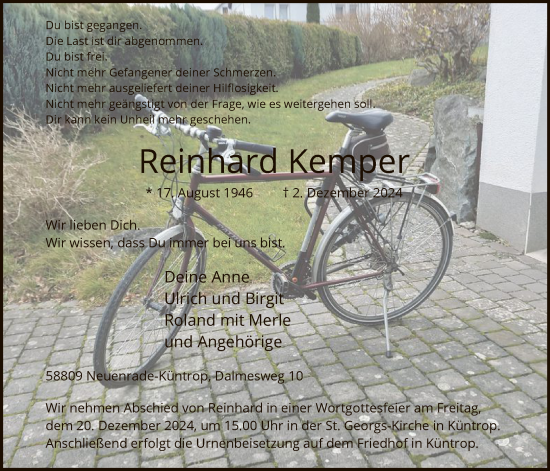 Traueranzeige von Reinhard Kemper von WA