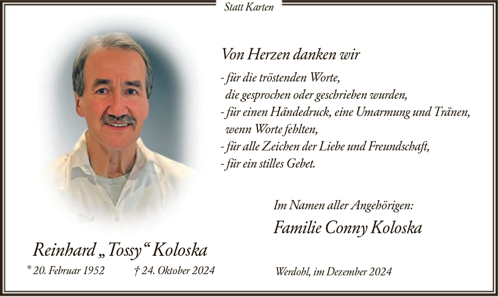  Traueranzeige für Reinhard Koloska vom 07.12.2024 aus WA