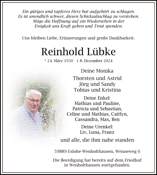 Traueranzeige von Reinhold Lübke von WA