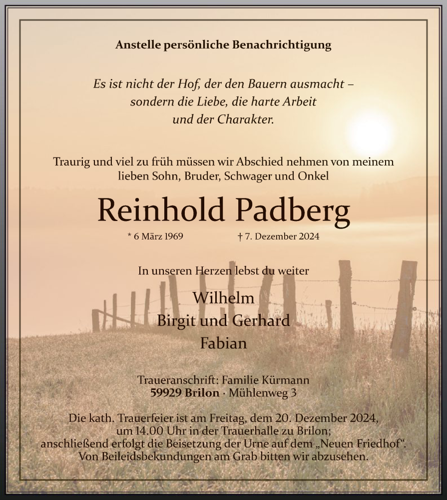 Traueranzeige für Reinhold Padberg vom 14.12.2024 aus WA