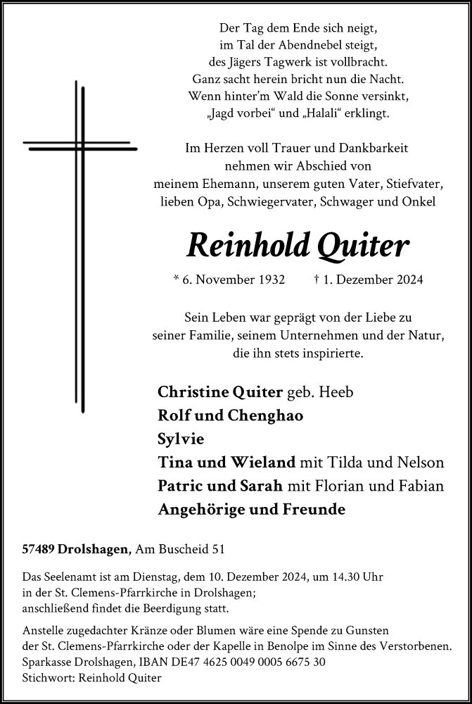  Traueranzeige für Reinhold Quiter vom 07.12.2024 aus WA