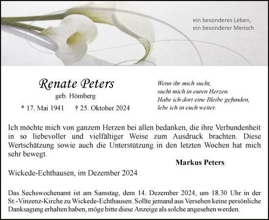 Traueranzeige von Renate Peters von WA