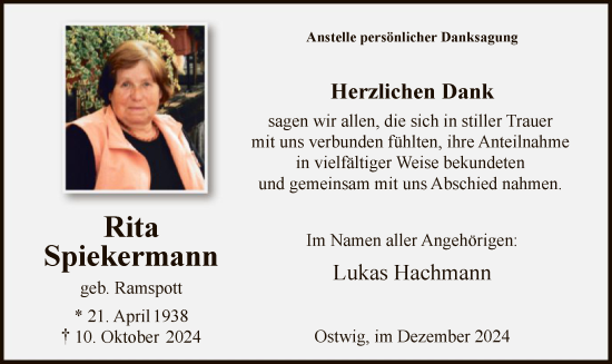 Traueranzeige von Rita Spiekermann von WA
