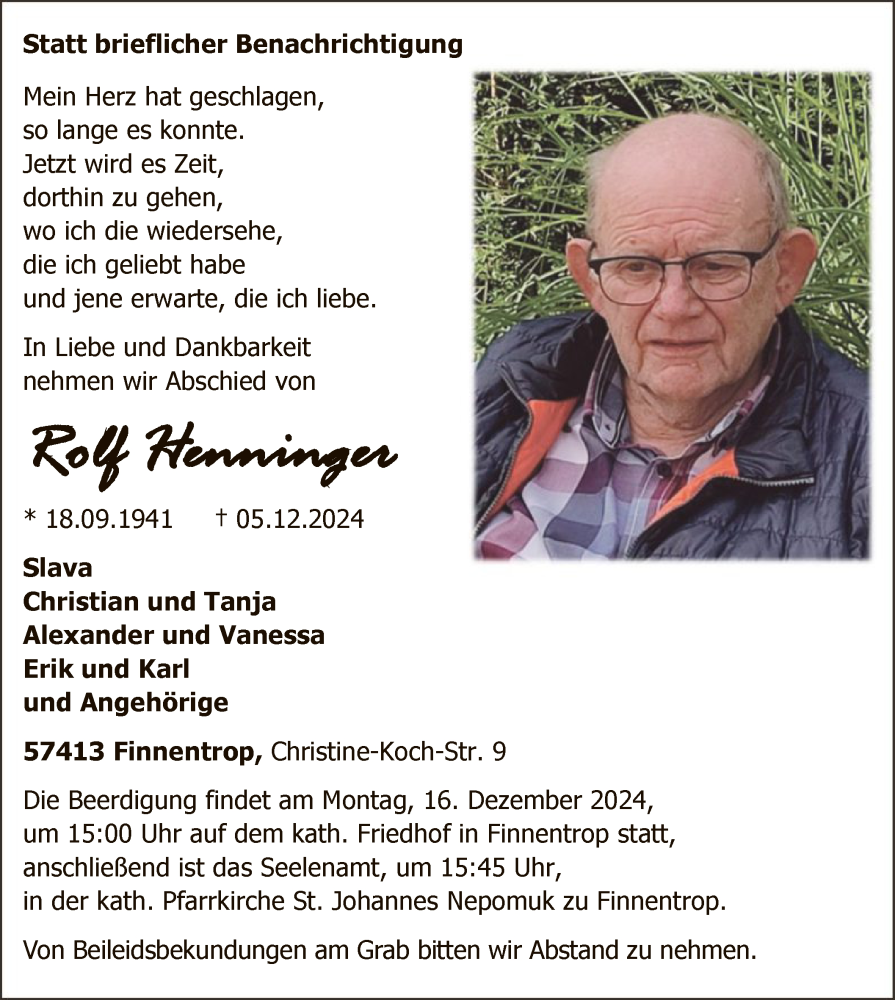  Traueranzeige für Rolf Henninger vom 14.12.2024 aus WA