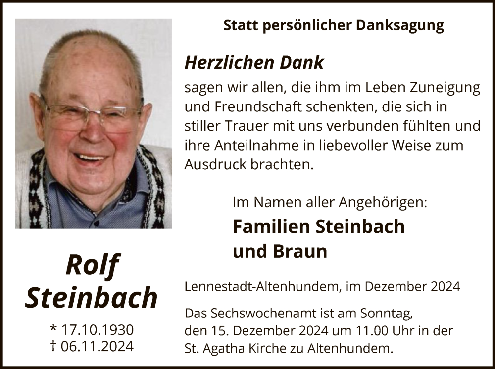  Traueranzeige für Rolf Steinbach vom 07.12.2024 aus WA